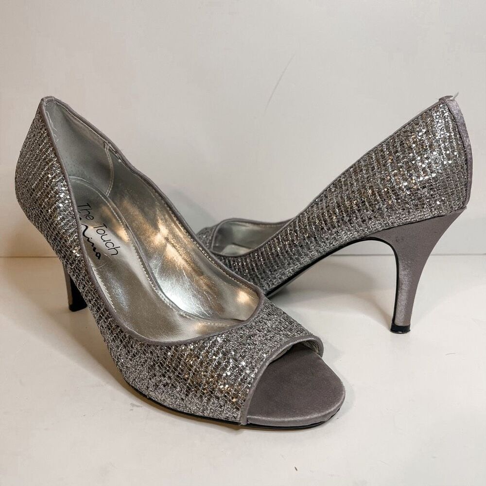Nina Silver Glitter‎ Peep Toe Heels Size 8